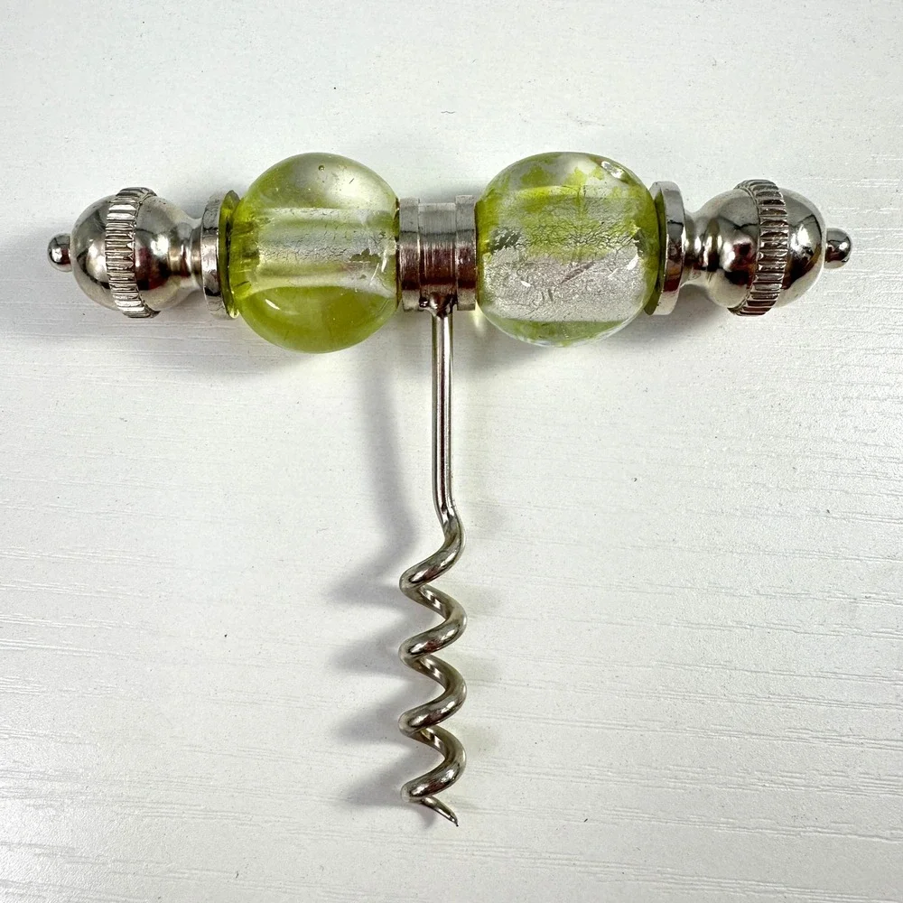 Murano Style Glass Corkscrew Chartreuse Green Silver Foil T-Handle Barware